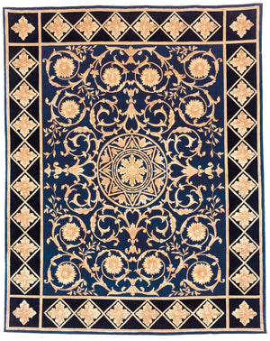 Safavieh Florence Hand Knotted Wool Area Rug - Luxurious Medallion Design With Botanical Motifs For Elegance Navy ,Black Wool Pile Fl06a-8r