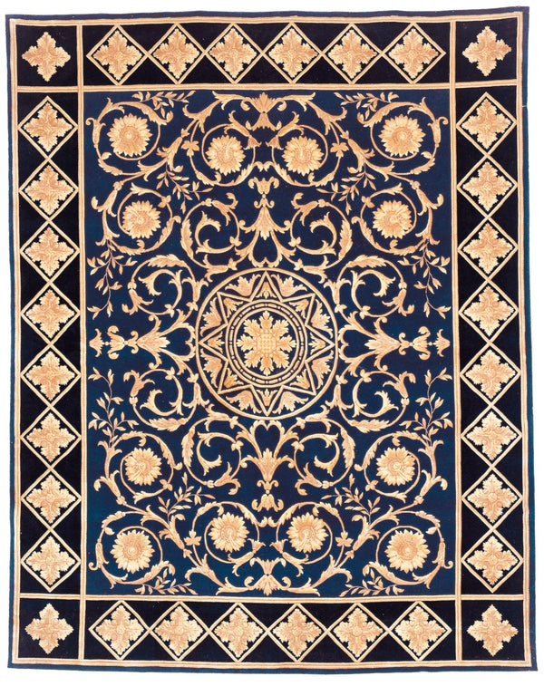 Safavieh Florence Hand Knotted Wool Area Rug - Luxurious Medallion Design With Botanical Motifs For Elegance Navy ,Black Wool Pile Fl06a-8r