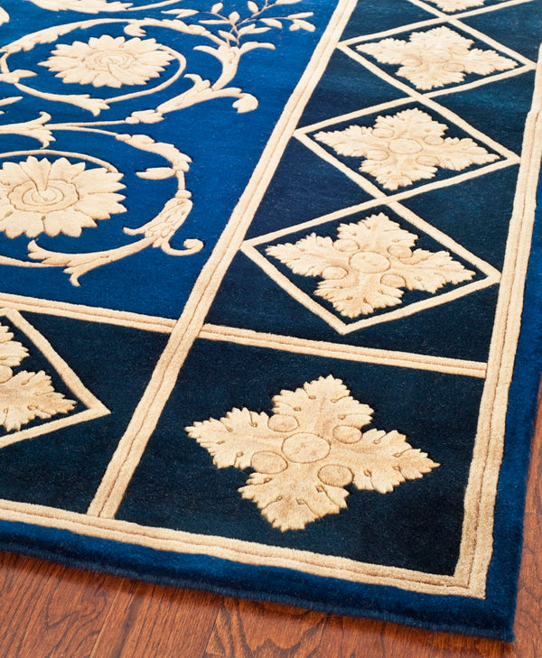 Safavieh Florence Hand Knotted Wool Area Rug - Luxurious Medallion Design With Botanical Motifs For Elegance Navy ,Black Wool Pile Fl06a-8r