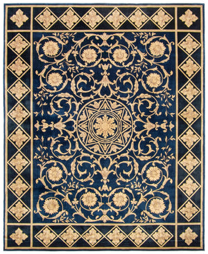 Safavieh Florence Hand Knotted Wool Area Rug - Luxurious Medallion Design With Botanical Motifs For Elegance Navy ,Black Wool Pile Fl06a-8r