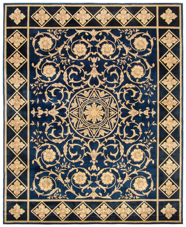 Safavieh Florence Hand Knotted Wool Area Rug - Luxurious Medallion Design With Botanical Motifs For Elegance Navy ,Black Wool Pile Fl06a-8r
