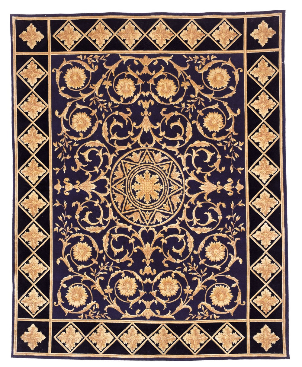 Safavieh Florence Hand Knotted Wool Area Rug - Luxurious Medallion Design With Botanical Motifs For Elegance Navy ,Black Wool Pile Fl06a-8r