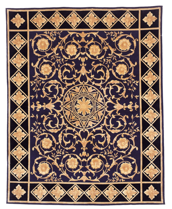 Safavieh Florence Hand Knotted Wool Area Rug - Luxurious Medallion Design With Botanical Motifs For Elegance Navy ,Black Wool Pile Fl06a-8r