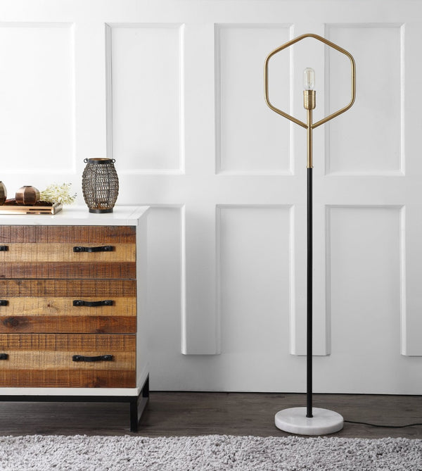 Safavieh MAVE, 57-Inch Brass and Black Iron Floor Lamp with White Marble Accent for Modern Spaces FLL4014A