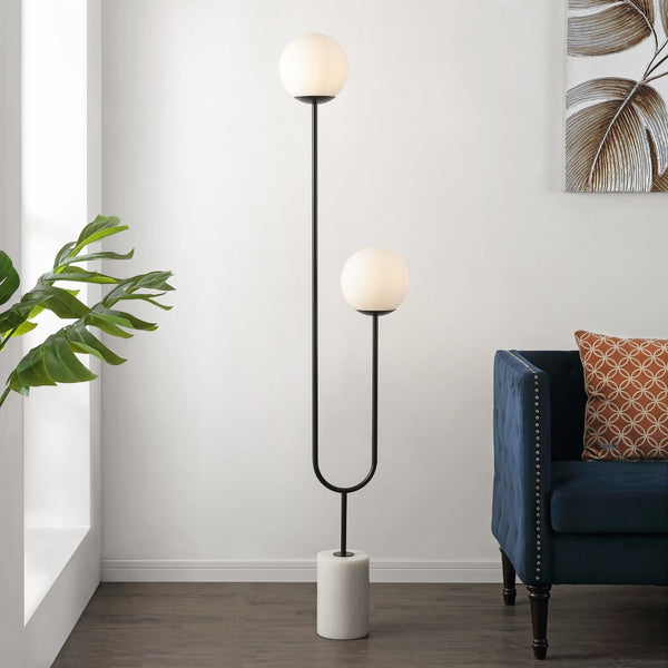 Safavieh LEIF, Elegant 2-Light Floor Lamp - 68" Tall Black Iron & White Glass with Marble Base for Any Room FLL4092A