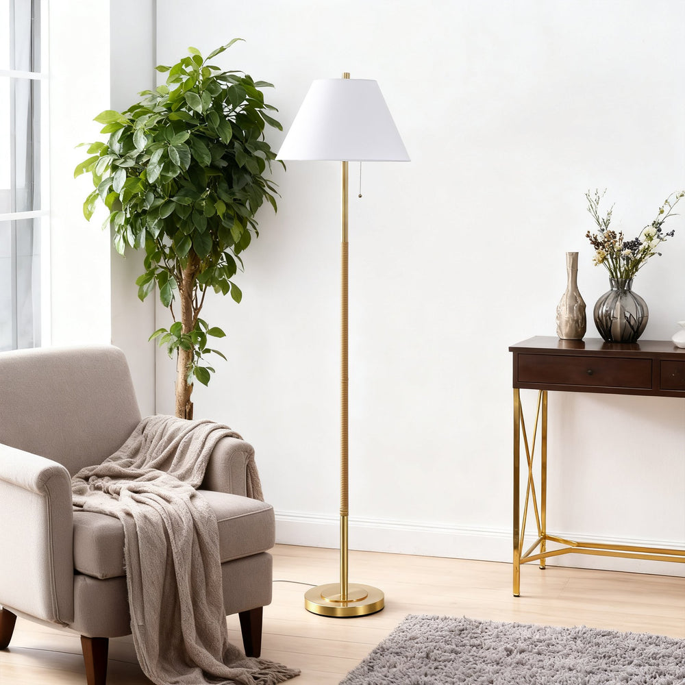 Safavieh Christin, 67.75" Brass & Natural Rattan Floor Lamp With Fabric Shade — Warm Ambient Light For Living Rooms FLL4151A