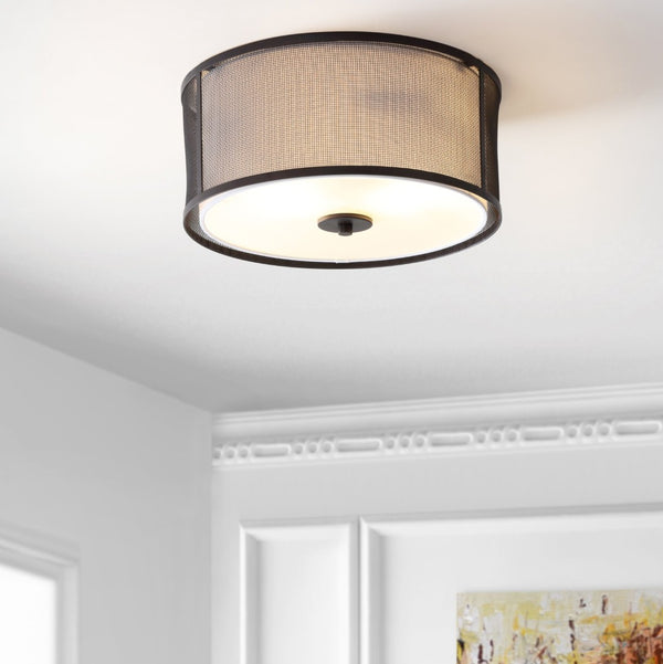 Safavieh LAYNE, 14-Inch Brass and Iron Flush Mount Light Fixture with Fabric Shade for Stylish Illumination FLU4035A