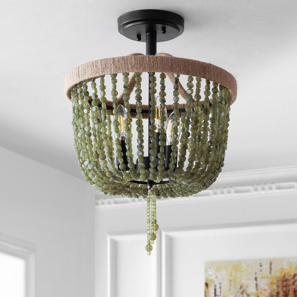 Safavieh DAVIN, 14-Inch Black Flush Mount Light with Rustic Rope and Stone Accents for Any Space Decor FLU4040A