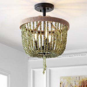Safavieh DAVIN, 14-Inch Black Flush Mount Light with Rustic Rope and Stone Accents for Any Space Decor FLU4040A
