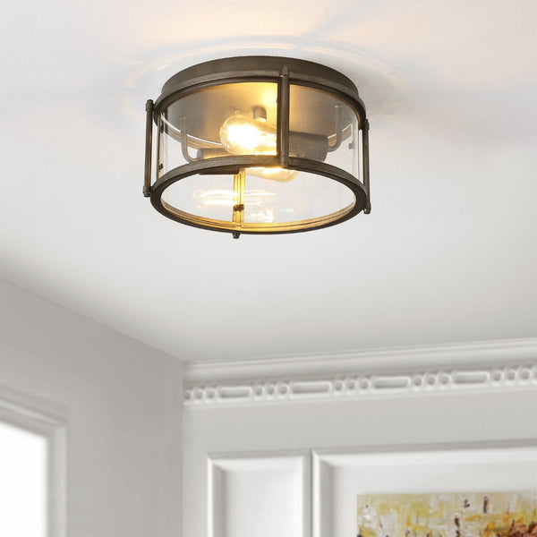 Safavieh TILLER, 2-Light Antique Silver Flush Mount Fixture - Elegant Glass & Metal Design for Cozy Spaces FLU4048A