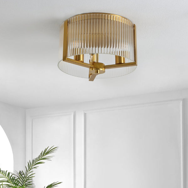 Safavieh JETRA, JETRA 3-Light Flush Mount Fixture - Elegant Brass & Glass Design for Modern Home Décor Spaces FLU4049A