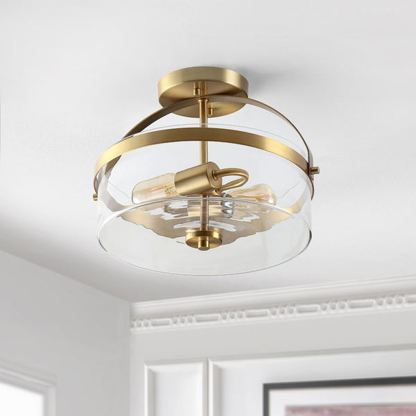 Safavieh NENSOR, 2-Light Flush Mount, 13-Inch Brass & Clear Metal Fixture for Elegant Home Lighting Decor FLU4051A