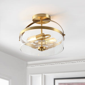Safavieh NENSOR, 2-Light Flush Mount, 13-Inch Brass & Clear Metal Fixture for Elegant Home Lighting Decor FLU4051A