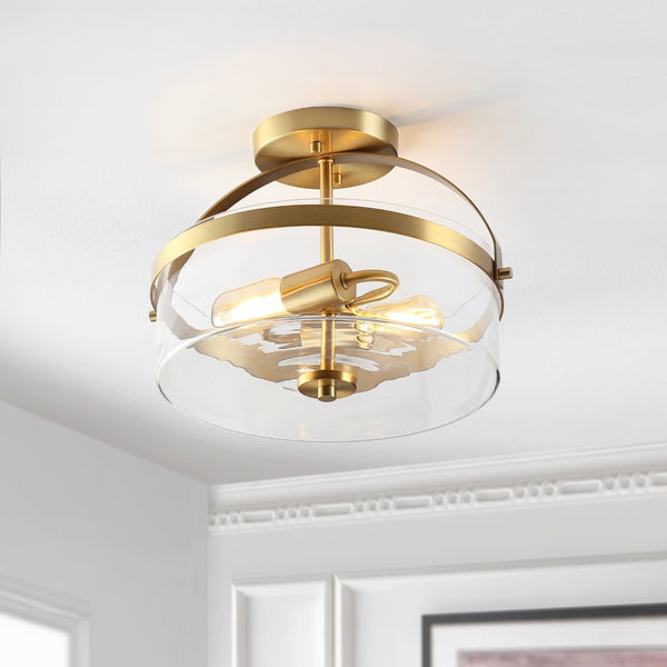 Safavieh NENSOR, 2-Light Flush Mount, 13-Inch Brass & Clear Metal Fixture for Elegant Home Lighting Decor FLU4051A
