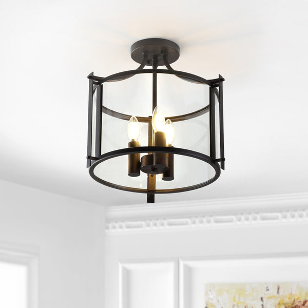 Safavieh GRENTEN, 3-Light Metal Flush Mount - 15" Bronze & Clear Fixture for Elegant Ambient Illumination FLU4053A