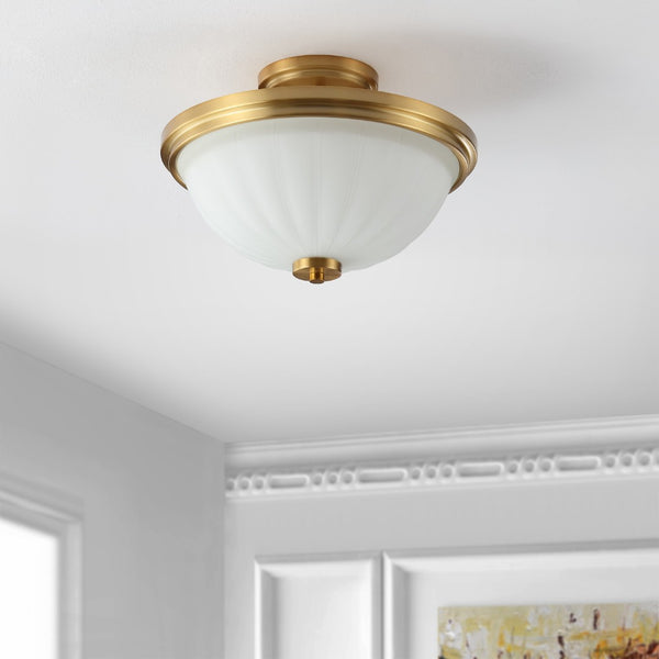 Safavieh OKAMI, Elegant 2-Light Flush Mount for Modern Spaces, White/Gold Accents, Iron & Glass Design FLU4060A