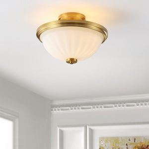 Safavieh OKAMI, Elegant 2-Light Flush Mount for Modern Spaces, White/Gold Accents, Iron & Glass Design FLU4060A