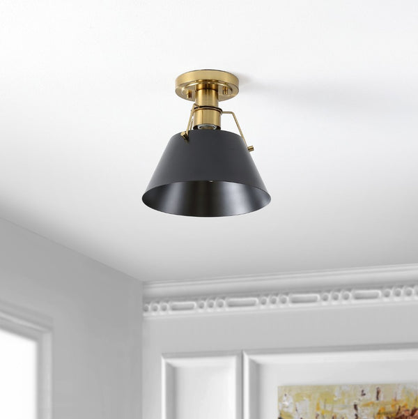 Safavieh MAZELLE, 9.5" Black & Brass Iron Flush Mount Light - Elegant Design for Modern Spaces & Durability FLU4065A