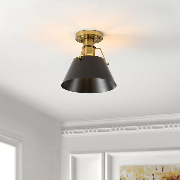 Safavieh MAZELLE, 9.5" Black & Brass Iron Flush Mount Light - Elegant Design for Modern Spaces & Durability FLU4065A
