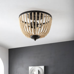 Safavieh HAMLIN Flush Mount Light Fixture in Painted Bronze with Natural Wood Accents for Timeless Elegance FLU4072A