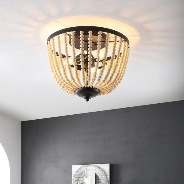 Safavieh HAMLIN Flush Mount Light Fixture in Painted Bronze with Natural Wood Accents for Timeless Elegance FLU4072A