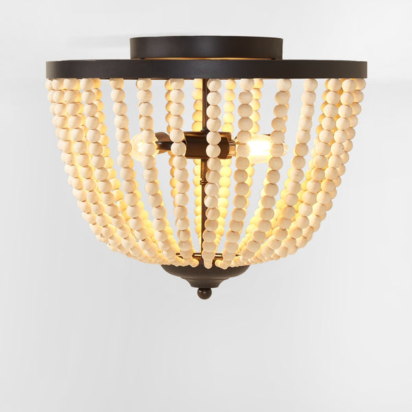Safavieh HAMLIN Flush Mount Light Fixture in Painted Bronze with Natural Wood Accents for Timeless Elegance FLU4072A