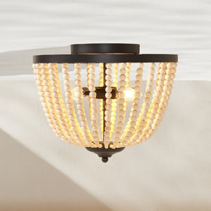 Safavieh HAMLIN Flush Mount Light Fixture in Painted Bronze with Natural Wood Accents for Timeless Elegance FLU4072A