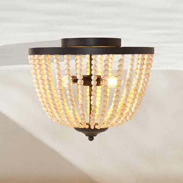 Safavieh HAMLIN Flush Mount Light Fixture in Painted Bronze with Natural Wood Accents for Timeless Elegance FLU4072A
