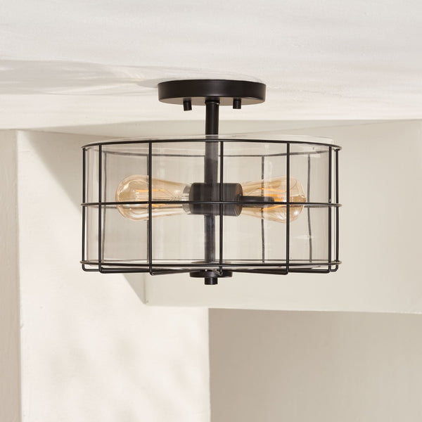 Safavieh HANNES, 2-Light Flush Mount Fixture - Elegant Metal Design for Ambient Illumination in Any Space Matte Black FLU4087A