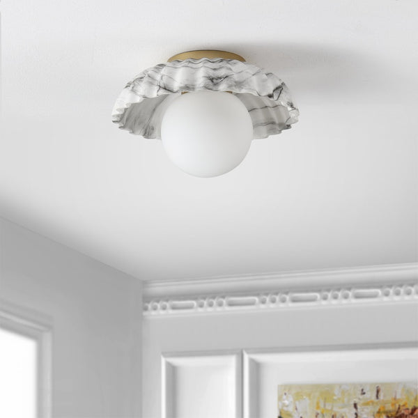 Safavieh GRIMA, Elegant 12-Inch White Marble & Gold Flush Mount Light Fixture for Timeless Home Decor FLU4089A