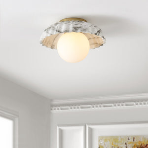 Safavieh GRIMA, Elegant 12-Inch White Marble & Gold Flush Mount Light Fixture for Timeless Home Decor FLU4089A