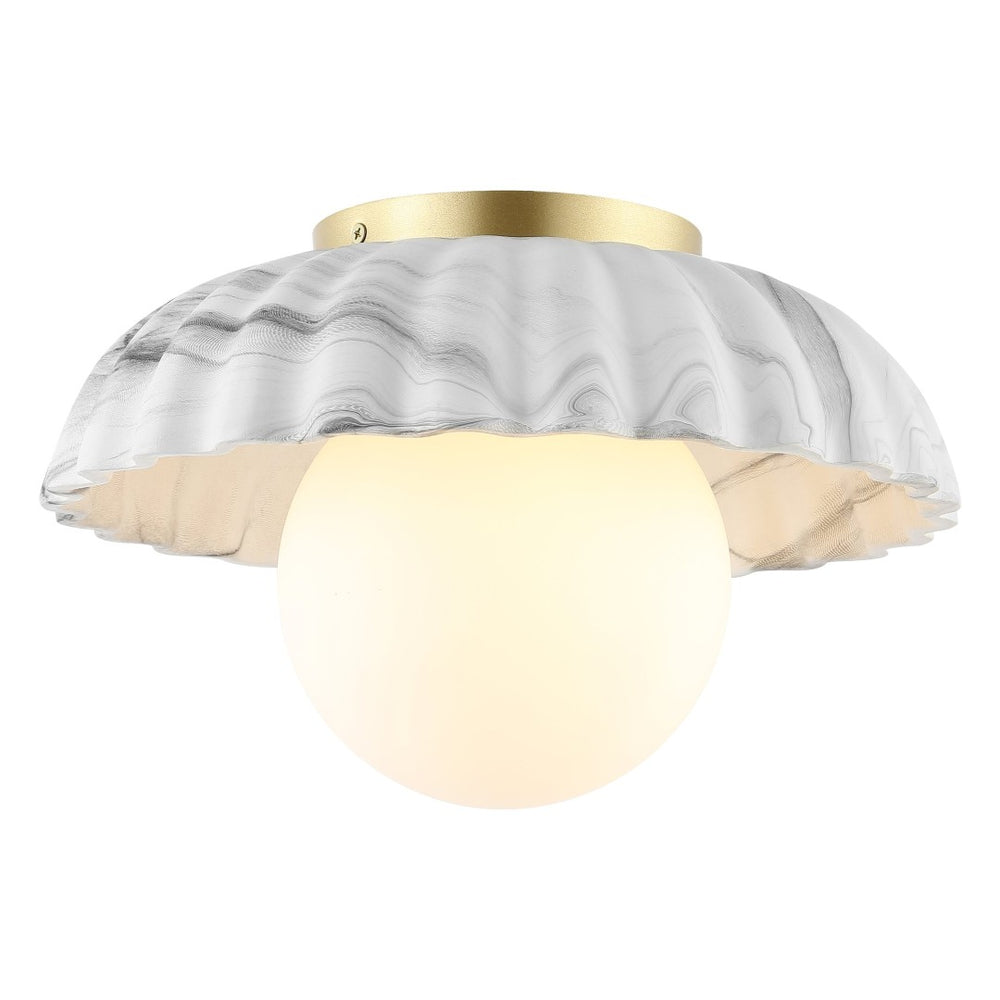 Safavieh GRIMA, Elegant 12-Inch White Marble & Gold Flush Mount Light Fixture for Timeless Home Decor FLU4089A