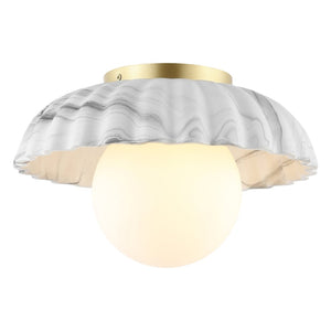 Safavieh GRIMA, Elegant 12-Inch White Marble & Gold Flush Mount Light Fixture for Timeless Home Decor FLU4089A