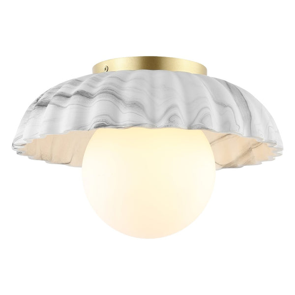 Safavieh GRIMA, Elegant 12-Inch White Marble & Gold Flush Mount Light Fixture for Timeless Home Decor FLU4089A