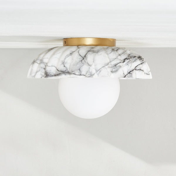 Safavieh GRIMA, Elegant 12-Inch White Marble & Gold Flush Mount Light Fixture for Timeless Home Decor FLU4089A