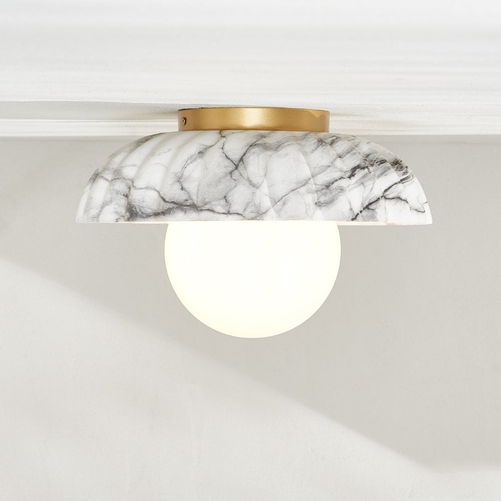 Safavieh GRIMA, Elegant 12-Inch White Marble & Gold Flush Mount Light Fixture for Timeless Home Decor FLU4089A