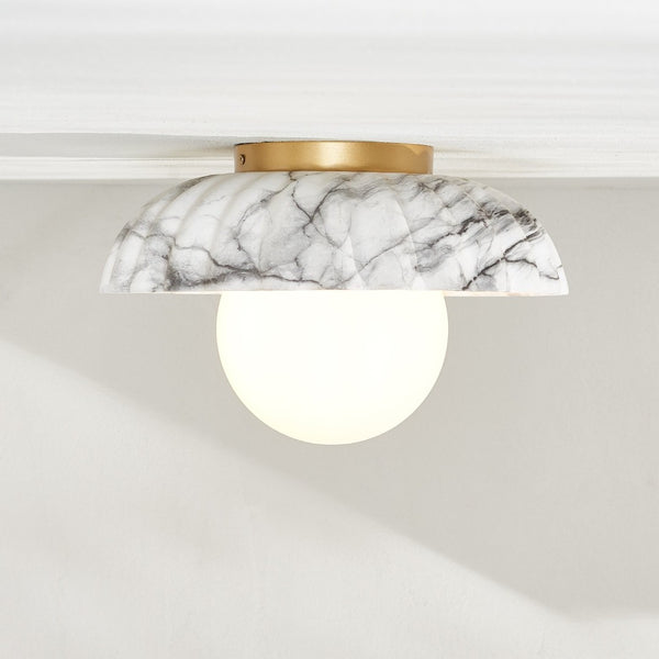 Safavieh GRIMA, Elegant 12-Inch White Marble & Gold Flush Mount Light Fixture for Timeless Home Decor FLU4089A