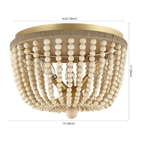 Safavieh ALODIA, 3-Light Flush Mount, 15-Inch Stylish Fixture with Brass, Wood & Rope for Cozy Spaces FLU4098A