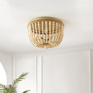 Safavieh ALODIA, 3-Light Flush Mount, 15-Inch Stylish Fixture with Brass, Wood & Rope for Cozy Spaces FLU4098A