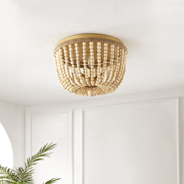 Safavieh ALODIA, 3-Light Flush Mount, 15-Inch Stylish Fixture with Brass, Wood & Rope for Cozy Spaces FLU4098A