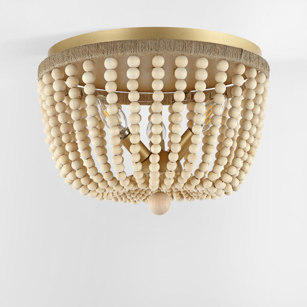 Safavieh ALODIA, 3-Light Flush Mount, 15-Inch Stylish Fixture with Brass, Wood & Rope for Cozy Spaces FLU4098A