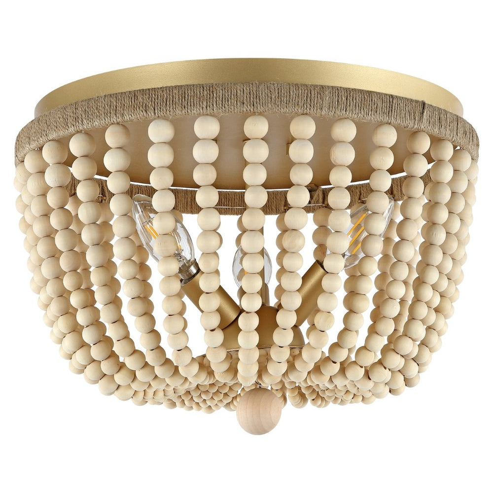 Safavieh ALODIA, 3-Light Flush Mount, 15-Inch Stylish Fixture with Brass, Wood & Rope for Cozy Spaces FLU4098A