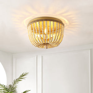 Safavieh ALODIA, 3-Light Flush Mount, 15-Inch Stylish Fixture with Brass, Wood & Rope for Cozy Spaces FLU4098A
