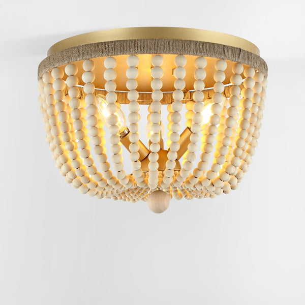Safavieh ALODIA, 3-Light Flush Mount, 15-Inch Stylish Fixture with Brass, Wood & Rope for Cozy Spaces FLU4098A