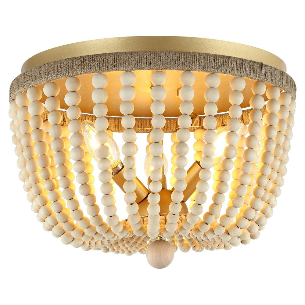 Safavieh ALODIA, 3-Light Flush Mount, 15-Inch Stylish Fixture with Brass, Wood & Rope for Cozy Spaces FLU4098A