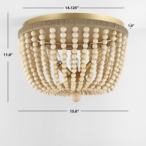 Safavieh ALODIA, 3-Light Flush Mount, 15-Inch Stylish Fixture with Brass, Wood & Rope for Cozy Spaces FLU4098A