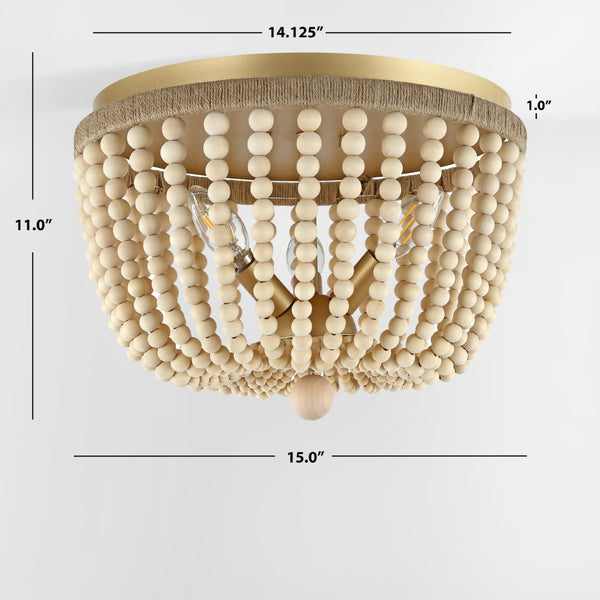 Safavieh ALODIA, 3-Light Flush Mount, 15-Inch Stylish Fixture with Brass, Wood & Rope for Cozy Spaces FLU4098A