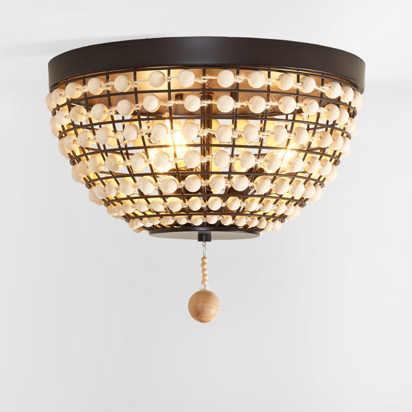 Safavieh BOLSON, 3-Light Flush Mount Light Fixture in Bronze/Natural Metal/Wood, Modern-Rustic Elegance FLU4099A