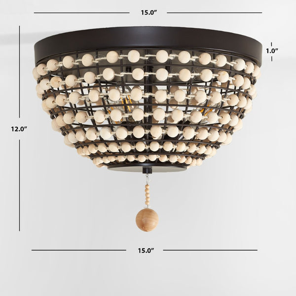 Safavieh BOLSON, 3-Light Flush Mount Light Fixture in Bronze/Natural Metal/Wood, Modern-Rustic Elegance FLU4099A