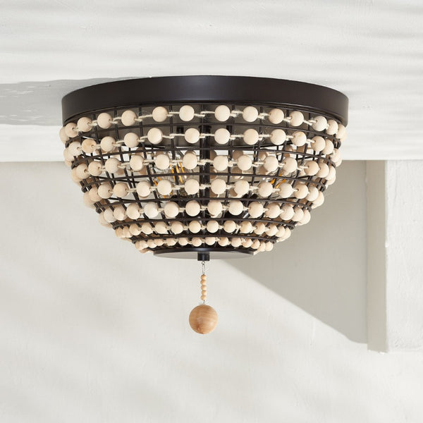 Safavieh BOLSON, 3-Light Flush Mount Light Fixture in Bronze/Natural Metal/Wood, Modern-Rustic Elegance FLU4099A